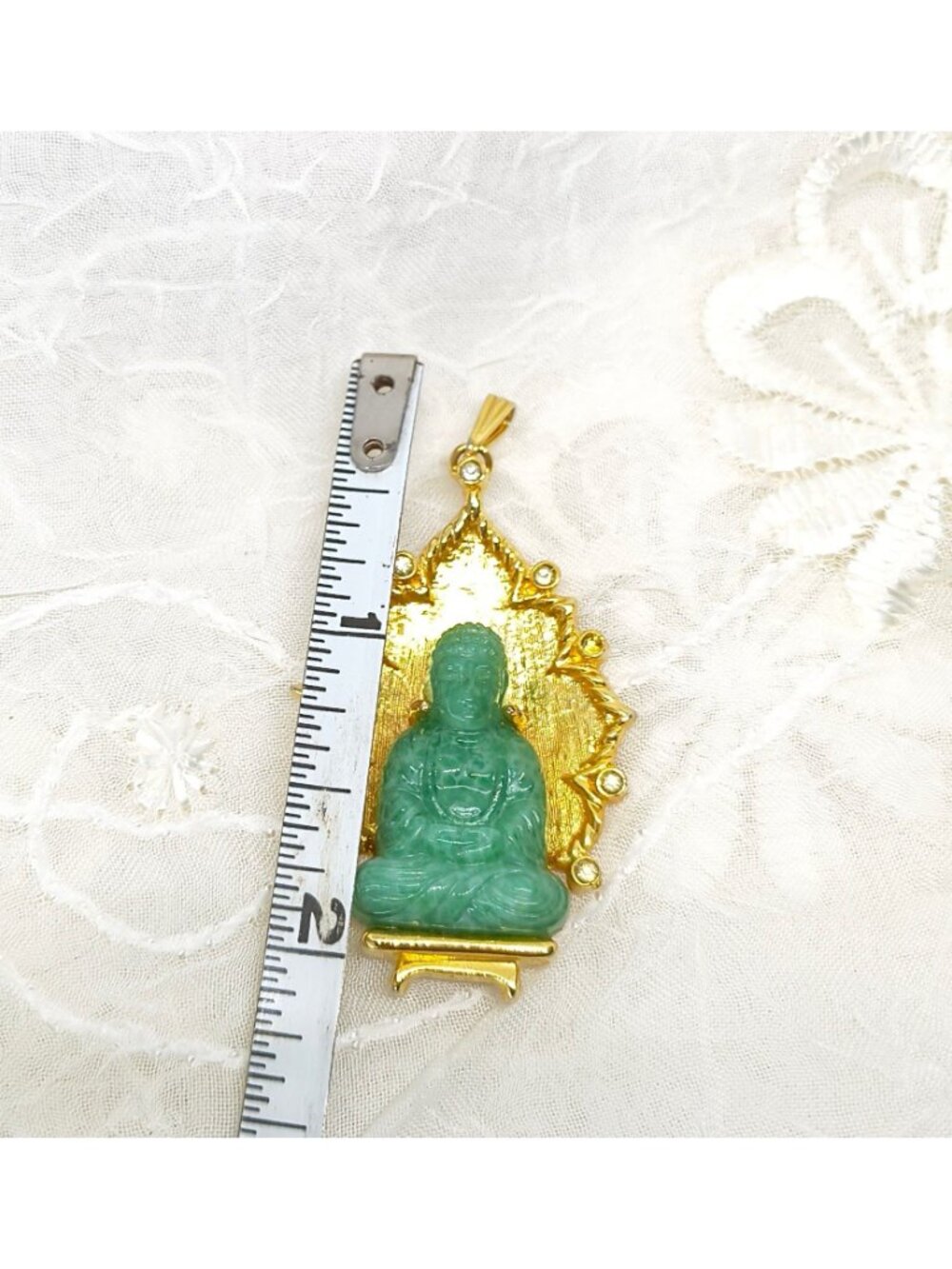 Vintage Asian Revival Faux Jade Glass Buddha Pendant & Monet Jelly Belly Buddha - Picture 9 of 9